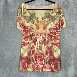 One World 1X Shirt Top Green Butterflies Short Sleeve Scoop Neck Stretch Boho